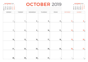 October 2019. Calendar planner stationery design template. Vector illustration