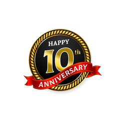 Fototapeta premium Happy 10 years golden anniversary logo celebration with ring and ribbon.