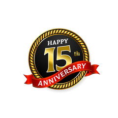 Happy 15 years golden anniversary logo celebration with ring and ribbon.