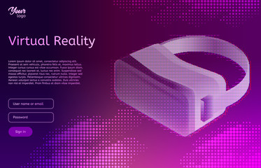 Isometric virtual reality concept. VR headset. Vector illustration. Virtual world and simulation in ultraviolet colors.