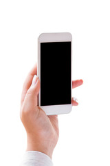 woman's hand holding white Smartphone with black on a white background screen