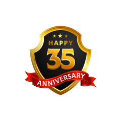 Happy 35 Anniversary Golden Shield badge logo with ribbon