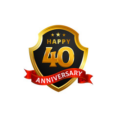 Happy 40 Anniversary Golden Shield badge logo with ribbon