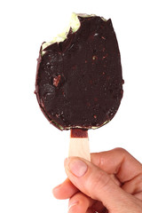 Ice cream fruity with chocolate in hand isolated on white background