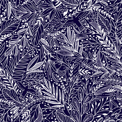 Vector floral seamless pattern with exotik leaves and birds - 201838649