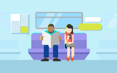 People reading newspaper and smartphone in same train