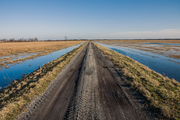 Fototapeta na wymiar Rural road and flooded meadows