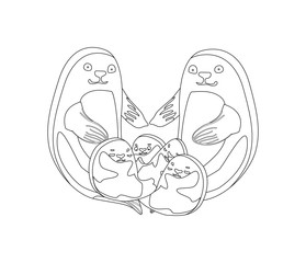 concept of happy family for coloring, wild animals on isolated background, for coloring