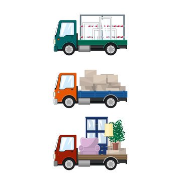 Set of Small Cargo Trucks, Van with Windows, Orange Mini Lorry with Boxes, Red Truck with Furniture, Transport and Delivery Services, Logistics, Vector Illustration
