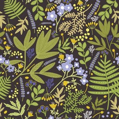Floral seamless pattern with beautiful blue and yellow blooming flowers and leaves on black background. Natural backdrop with flowering plants. Vector illustration for textile print, wrapping paper.