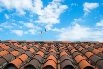 Roof with terracotta tile in miami, usa. Tile roofing on cloudy blue sky. Architecture and design....