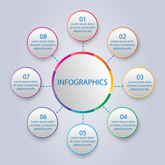 Modern infographic design template: circular diagram with 8 multicolored lettered elements connected with center. Steps of project development. Vector illustration for corporate presentation, website.
