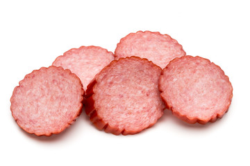 Slices of salami. Isolated on a white background.