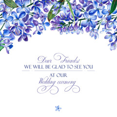 Obraz na płótnie Canvas Template for congratulations or invitations to the wedding in blue colors. Illustration by markers, beautiful composition of lilac and twigs with leaves. Imitation of watercolor drawing.