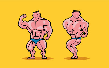 Two cartoon characters of bodybuilder posing show muscle