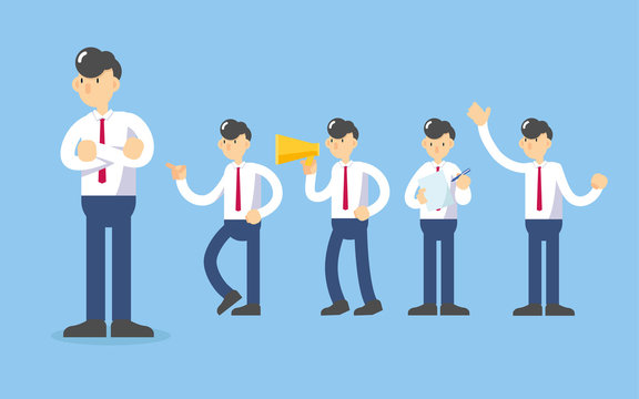 Character of business man in various activity, flat graphic style