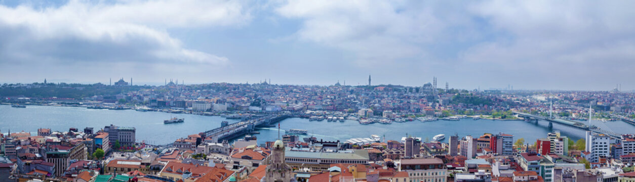 Panoramic image of Istanbul with Galata Bridge and Yeni Cami Mosque