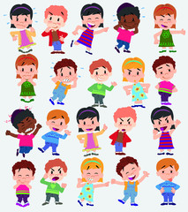 Cartoon character boys and girls. Set with different postures, attitudes and poses, doing different activities. Vector illustrations.