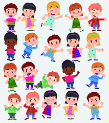 Cartoon character boys and girls. Set with different postures, attitudes and poses, doing different activities. Vector illustrations.