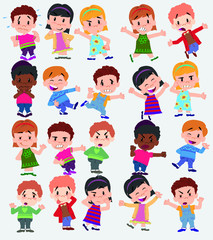 Cartoon character boys and girls. Set with different postures, attitudes and poses, doing different activities. Vector illustrations.