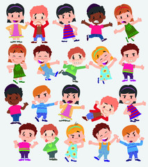 Cartoon character boys and girls. Set with different postures, attitudes and poses, doing different activities. Vector illustrations.