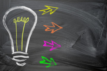 Four text bullets arrow shapes from light bulb hand drawn on the chalkboard with copy space for your text at the right side.