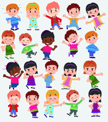 Cartoon character boys and girls. Set with different postures, attitudes and poses, doing different activities. Vector illustrations.