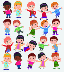 Cartoon character boys and girls. Set with different postures, attitudes and poses, doing different activities. Vector illustrations.