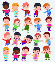 Cartoon character boys and girls. Set with different postures, attitudes and poses, doing different activities. Vector illustrations.