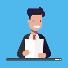 Young businessman or manager with a document or a sheet of paper in hands. Cartoon flat vector illusration isolated on blue background.