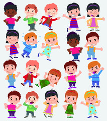 Cartoon character boys and girls. Set with different postures, attitudes and poses, doing different activities. Vector illustrations.
