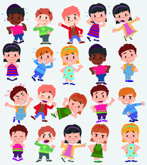 Cartoon character boys and girls. Set with different postures, attitudes and poses, doing different activities. Vector illustrations.