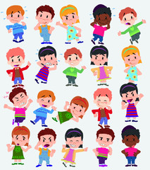 Cartoon character boys and girls. Set with different postures, attitudes and poses, doing different activities. Vector illustrations.