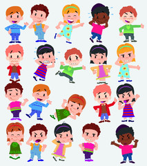 Cartoon character boys and girls. Set with different postures, attitudes and poses, doing different activities. Vector illustrations.