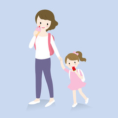 Cartoon cute mother and daughter eating ice cream vector.