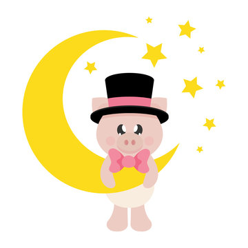 cartoon cute pig in hat with bow on a moon