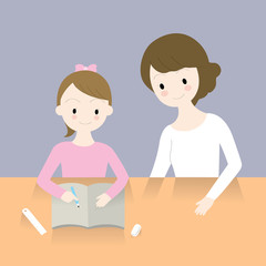 Cartoon cute, Mother is helping her daughter do the homework in room vector.