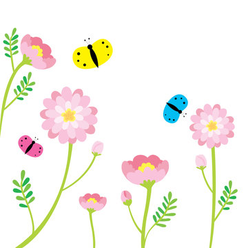Cartoon cute little colorful butterflies and pink flowers on white background vector.