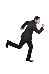 Portrait of asian businessman running posing