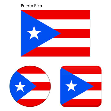Flag of Puerto Rico. Correct proportions, elements, colors. Set of icons, square, button. Vector illustration on white background.
