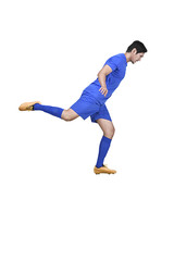 Side view of asian football player kicking the ball