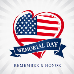 Memorial day remember & honor, heart and flag light beams banner. Happy Memorial Day vector background template with heart in national flag colors