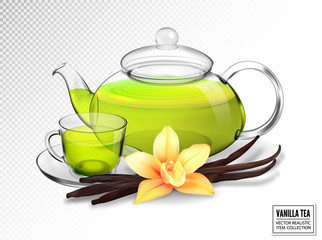 Obraz na płótnie Canvas Composition of a glass cup and tea pot with green tea and vanilla. Realistic vector image. Vanilla pods and orchid flower.