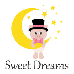 cartoon cute pig in hat with bow on a moon with text
