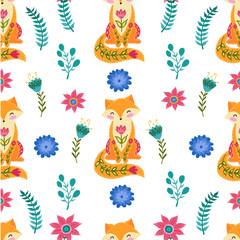 Seamless pattern colorful illustration with beautiful flowers and fox. Scandinavian style. Folk art.