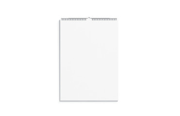 Blank white calendar mock up front view, isolated, 3d rendering. Empty almanac a3 mockup with metal...
