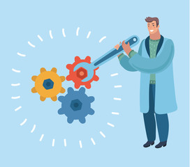 Smiling man stands with big wrench in his hands near setting gears. Repair, customize. Simple style vector illustration