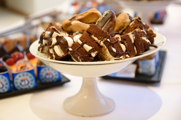 Chocolate cakes on the table. Sweet delicious dessert pastry. 