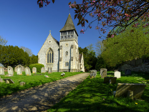 Afternoon sunlight and spring flowers in a view of St Peters Church, Ovingtion, Hampshire, UK
