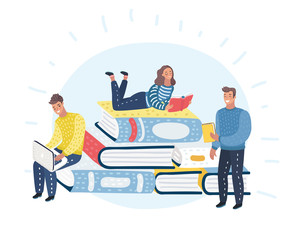 Young stylish male and female readers  sitting on stack of giant books or beside it and reading. Literature fans or lovers. 